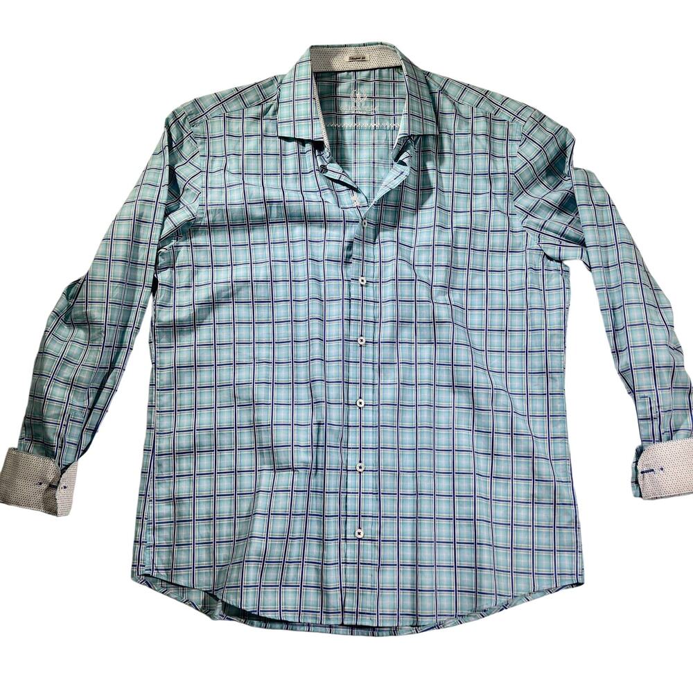 Bugatchi Uomo Button Shirt Men XXL ** Shaped Fit ** Flex Cuffs Blue White Check